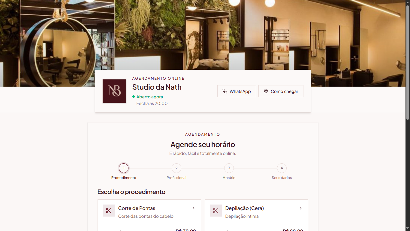 Página pública de agendamento online do Nath Beauty