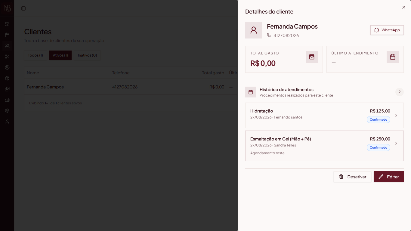 Detalhes de cliente no Nath Beauty com histórico de atendimentos e relacionamento