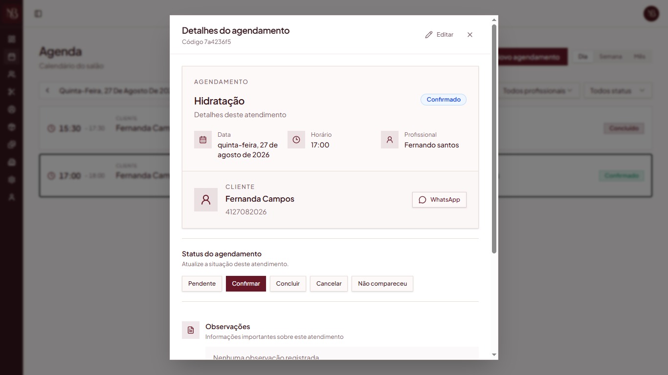 Detalhes de um agendamento no Nath Beauty